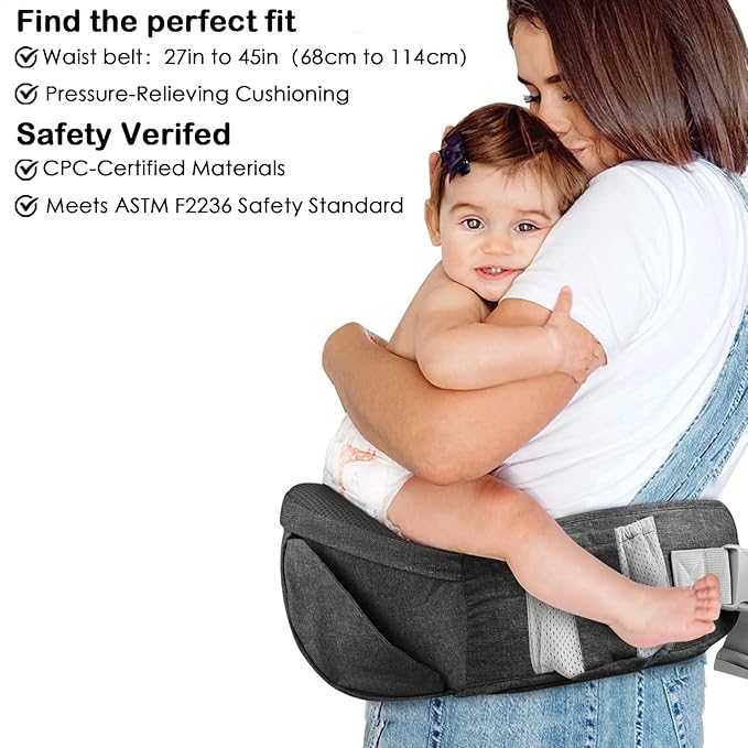 Baby Hip Seat Carrier, Adjustable Waistband with 3D Abdominal Support & Various Pockets Ergonomic Carrier for Newborns to Toddlers up to 33 lbs Medium Dark Grey