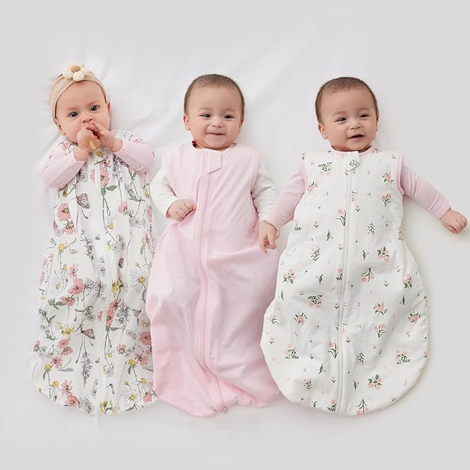 Duomiaomiao 3 Pack Baby Sleep Sack 100% Organic Cotton Lightweight Breathable Comfy Toddler Sleeping Sack (0.5tog Flowers, Medium)