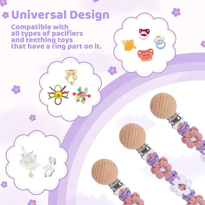 Pacifier Clip for Boys Girls Floral Daisy Macrame Baby Paci Clip Pacifier Holder Leash Boho Wooden Clips Handmade Braided Cotton Binky Clips (1pack:Lavender Style)