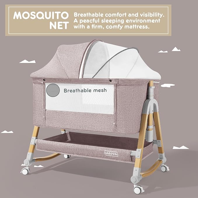 HARPPA Cuddly Bassinet, 3 in 1 Baby Bassinet Bedside Sleeper, Bedside Crib with Mattress and Wheels, Breathable Mesh, 5 Height Adjustable, Anchor Strap (Wood Grain, Khaki)