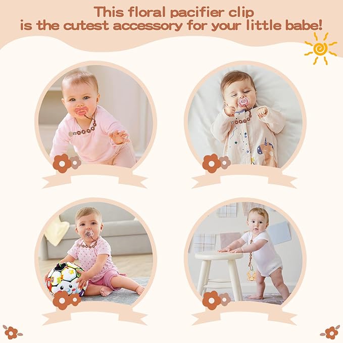 Pacifier Clip for Boys Girls Floral Daisy Macrame Paci Clip Pacifier Holder Leash Boho Wooden Clips Handmade Braided Cotton Unisex Baby Shower Birthday Gift