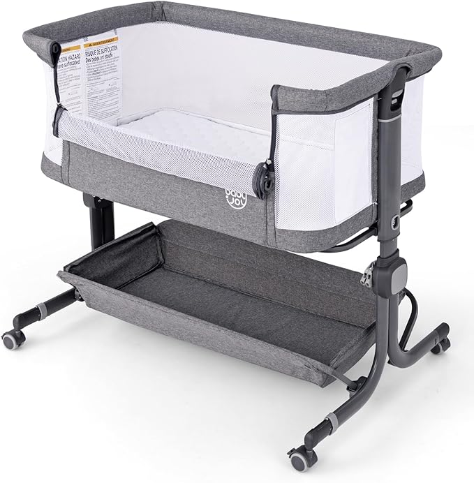 BABY JOY Bassinet, Bedside Crib w/ 6-Level Adjustable Height, Storage Shelf, Wheels, Mattress & Carry Bag for Safe Co-Sleeping, Folding Bassinet Bedside Sleeper for Newborn Infants (Gray)