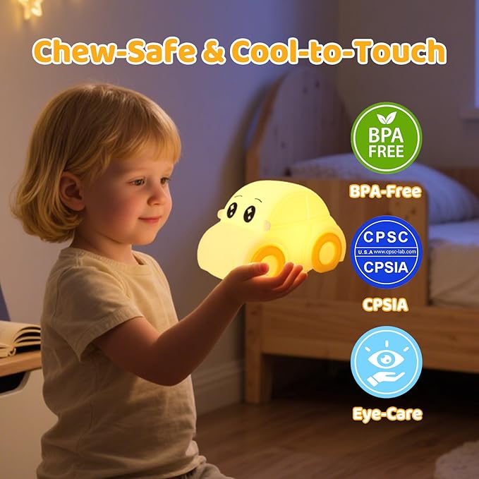 Car Night Light for Kids, Color Changing+Dimmable+1800mAh Rechargeable+Timer+Silicone, Squishy Touch Toddler Night Light, Novelty Nursery Nightlight for Kids Room, Funny Gifts, Boys, Girls, Baby