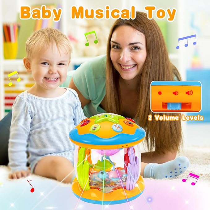 Baby Musical Toys 0-6 6-12 Months Rotating Projector Light Up Infant Tummy Time Toys 0-3-6 Months Sensory Toddler Toy Age 1-2-4 New Birthday Gifts for 1 Year Old Girl Boy Baby Aquarium Learning Toy