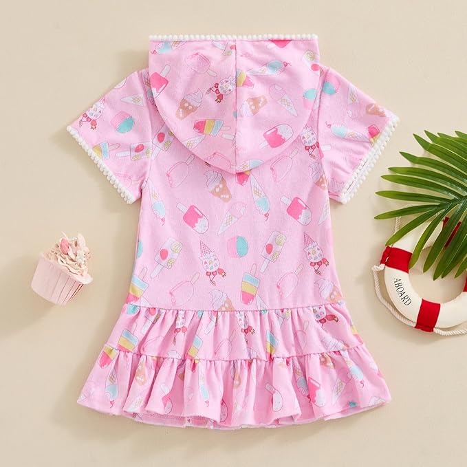 Girls Hooded Zip Terry Coverups Swimsuit Kids Baby Girl Floral Print Short Sleeve Swim Cover-Up Swimwear