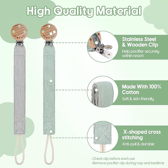 TYRY.HU Ribbon Pacifier Clip Holder,2 Pack Binky Paci Holder Clips, Pacifier Leash for Baby Boys and Girls, Soft Webbing Strap Universal Fits for Most Pacifier, Styles & Teethers Toys(Grey, Green)