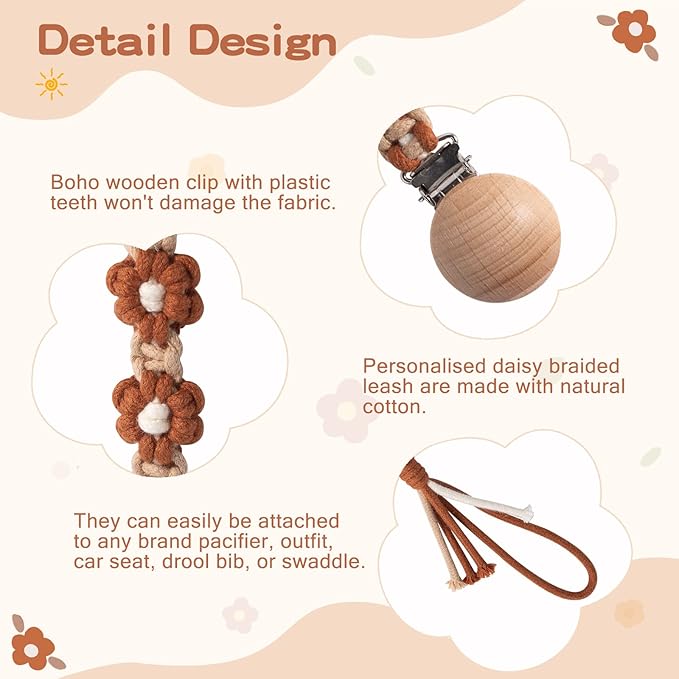 Pacifier Clip for Boys Girls Floral Daisy Macrame Paci Clip Pacifier Holder Leash Boho Wooden Clips Handmade Braided Cotton Unisex Baby Shower Birthday Gift