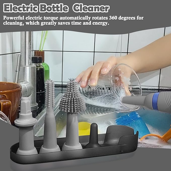 Electric Bottle Brush with Stand and Extendable Handle, Silicone Bottle Brush Set, Easy-Grip Silicone Handle, Waterproof/Rechargeable, Grey