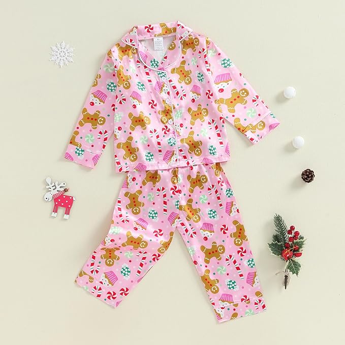 Toddler Kids Baby Girl Solid Pjs Ruffle Long Sleeve Button Shirt Top and Pants Cotton 2Piece Pajamas Set