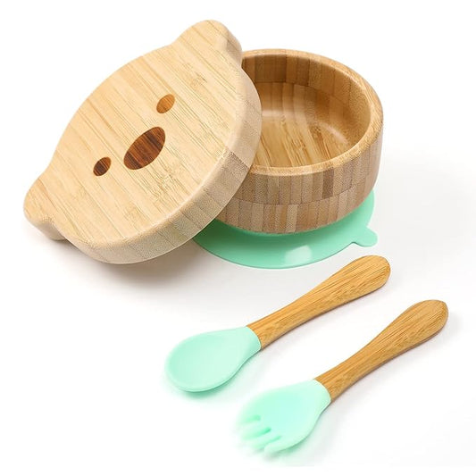Baby Bowls with Lid,HBM Bamboo Suction Bowls for Baby and Spoon Set,3PC Feeding Supplies Set for Infant, Toddlers,Detachable Silicone Suction Stay Put Base for Wooden Bowl (Mint)
