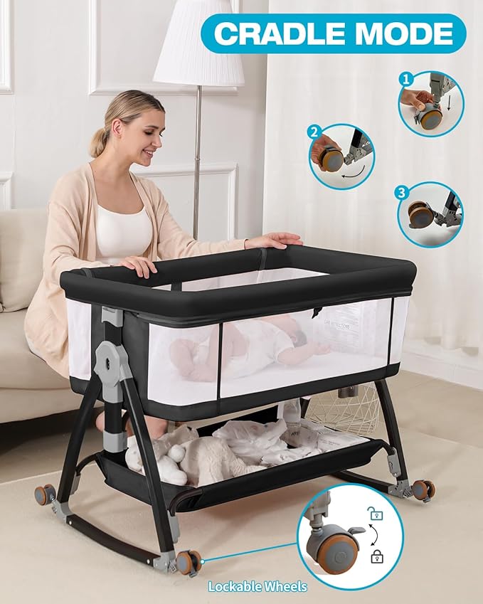 3 in 1 Baby Bassine Crib with Breathable Mesh, Bassinet Bedside Sleeper with Wheels, Mosquito Net, Storage Basket, 6 Height Adjustable, Easy to Fold, Rocking Bassinet for Baby, Black