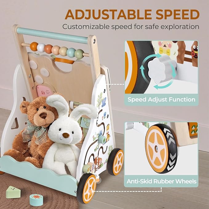 Baby Push Walker, Wooden Baby Walker for Girls Boys, Montessori Activity Center for Babies, Adjustable Speed & Height for Toddlers, Educational Push Toy for Kids Development