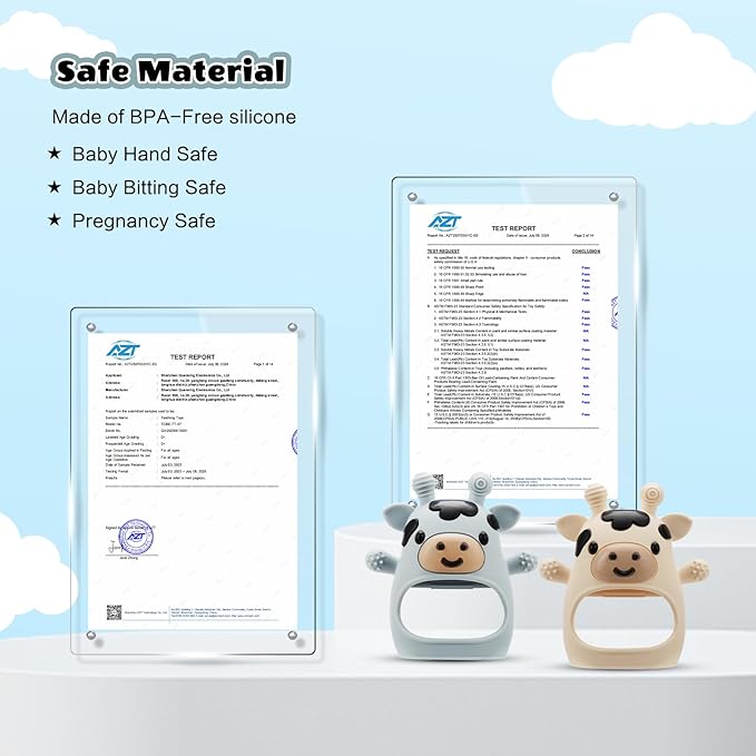 TOHIBEE 2 Packs Baby Teething Toys for 0-6 6-12 Months, Food Grade Silicone Adjustable Cow Teething Mitten, Chew Teether Toys for Teething Pain Relief, Baby and New Born Essentials, Blue & White