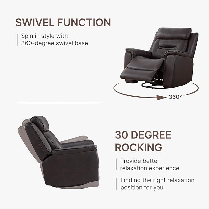 Leather Recliner Chair, 360° Swivel Rocker for Adults Manual Rocking Reclining Chair with Adjustable Backrest Footrest for Living Room Bedroom Home Theater Seating