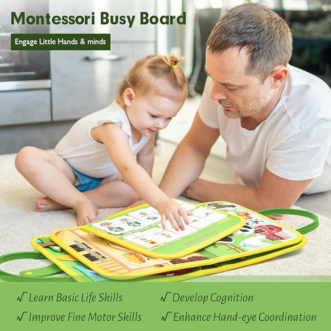 Toddler Busy Board Montessori Toys, Sensory Board Busy Book for Toddlers 1-3 Birthday Gifts - Preschool Learning Life Skills, Farm Green, 8 Pages