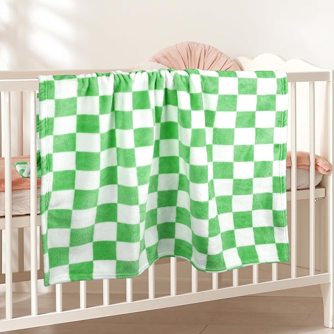 Plush Checkered Baby Blanket for Boys Girls Nursery, 30"*40" Warm Short Fleece Blanket Neutral for Infant Newborn, Small Fuzzy for Sleeping, Chenille or Stroller (Green&White)