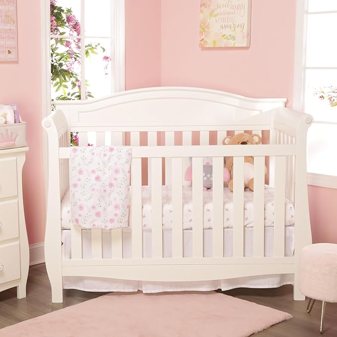 EVERYDAY KIDS 2 Pack Fitted Girls Crib Sheet, 100% Soft Breathable Microfiber Baby Sheet, Fits Standard Size Crib Mattress 28in x 52in, White and Pink Nursery Sheets with Flowers, Roses and Rosebuds