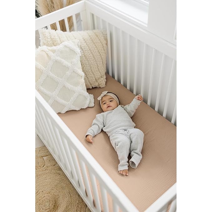 Konssy Muslin Crib Sheets for Girl Boy, 2 PCS Soft and Breathable Cotton Baby Sheets for Standard Crib Mattress, 52"x 28" (Camel, Rainbow)