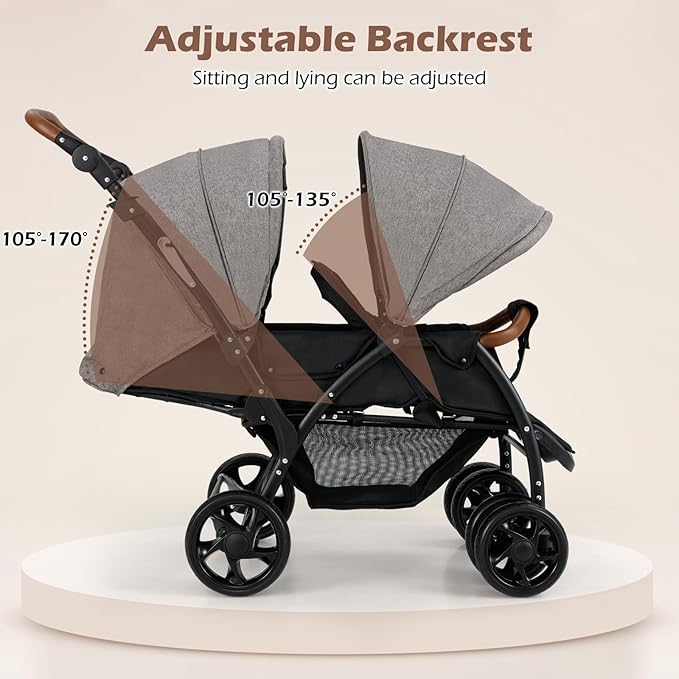 INFANS Double Stroller, Foldable Baby Tandem Stroller with Djustable Backrest Canopy Footrest, 5-Point Harness, Storage Basket, Convertible Compact Twin Stroller for Infants and Toddlers (Light Grey)