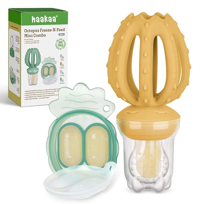 Haakaa Octopus Baby Fruit Food Feeder & Mini Freezer Nibble Tray Combo, Breastmilk Popsicle Molds for Cooling Relief, BPA Free Silicone Feeder for Safe Infant Self Feeding, 4 Month+(Mustard)