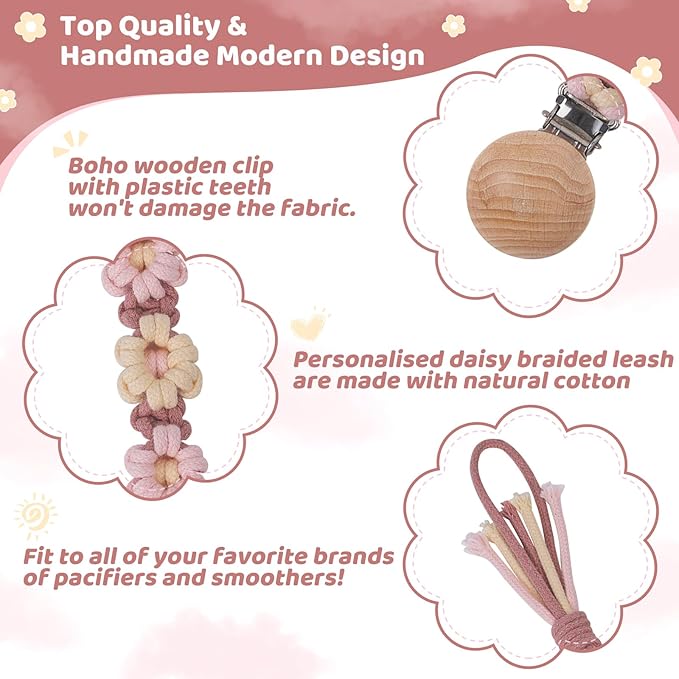 Pacifier Clip for Boys Girls Floral Daisy Macrame Baby Paci Clip Pacifier Holder Leash Boho Wooden Clips Handmade Braided Cotton Binky Clips (1pack:Caramel Style B)
