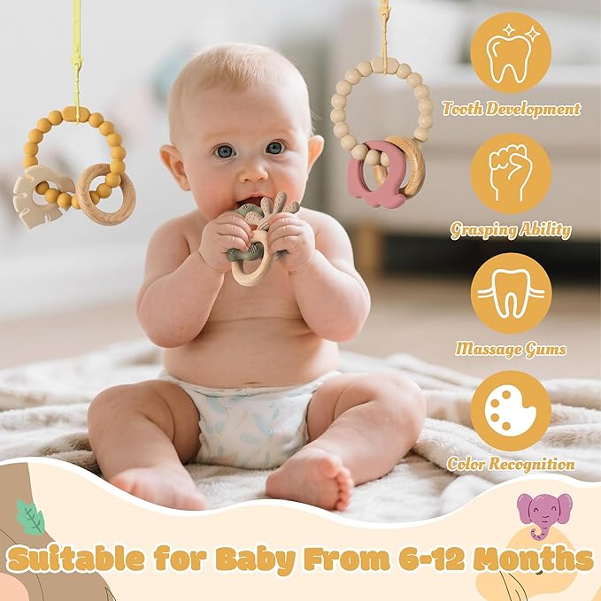Silicone Teether Toys for Babies - 2ooya 3Pcs Animals Themed Teething Ring, Elephant Baby Sensory Chew Toys with Rattles for Newborn Boy and Girl to Soothe Sore Gums, Baby Shower Birthday Gifts