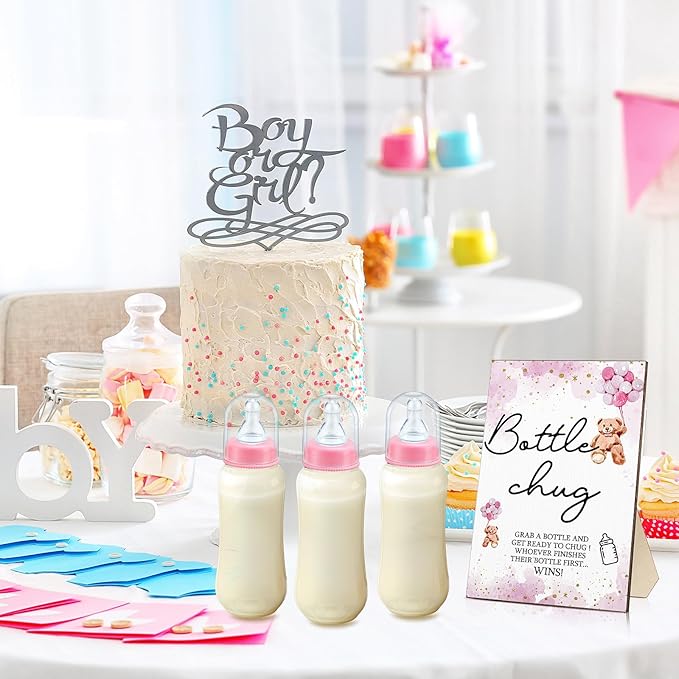Roowest Bottle Chug Baby Shower Game Favors 12 Pcs Baby Bottles Shower Favor with 1 Wooden Sign for Gender Reveal Party Supplies Gifts(Lovely Bear)