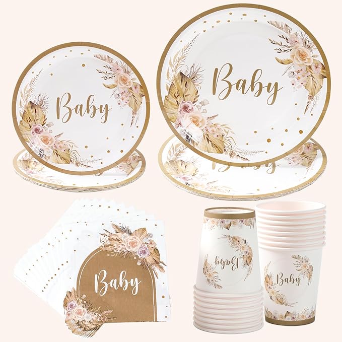 Boho Baby Shower Decorations Plates and Napkins Tableware for 24 Guests, Pampas Grass Floral Paper Plates Cups Design for Neutral Baby Shower Girl Boy Boho Party Supplies