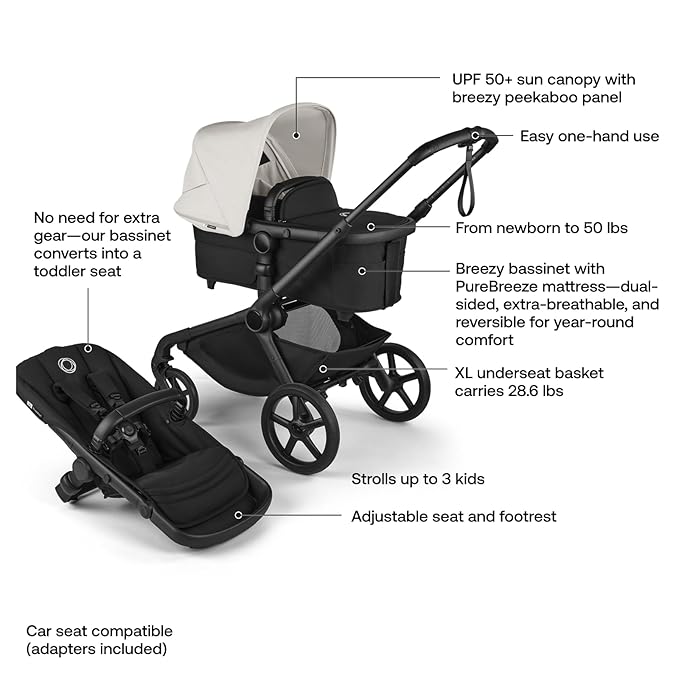 Bugaboo Kangaroo All-Terrain Single-to-Double Tandem Stroller for Infant and Toddler, for Up to Three Kids, XL Wheels, One-Hand Operation, Large Bassinet, XL Underseat Storage (Misty White)