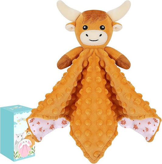 Loveys for Babies,Soft Baby Security Blanket for Newborn Infant Toddler Snuggle Toy Stuffed Animal,Lovey Highland Cow Security Blankets Baby Unisex Gifts(Brown Highland Cow,12.2in)