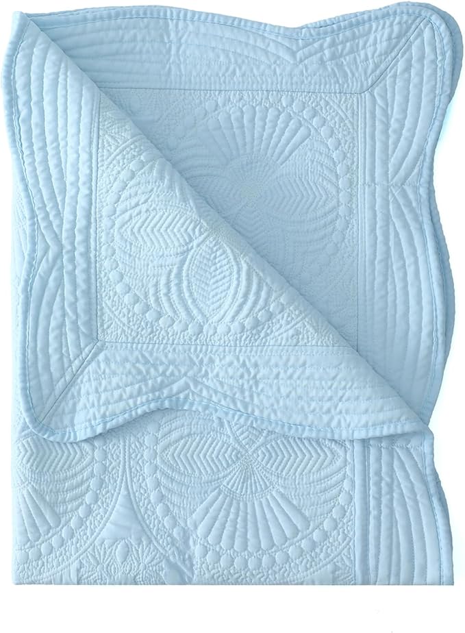 MONOBLANKS Baby Quilt Personlized Monogram Lightweight Embossed Scalloped Throw Blanket Four Seasons (Light Blue)