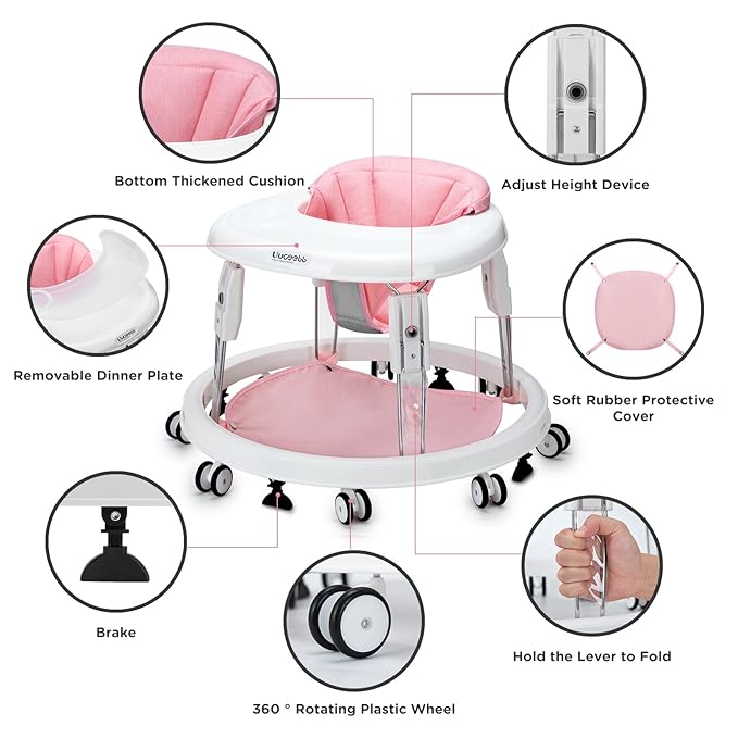 One-Touch Folding Baby Walker, Anti-Roll 8-Wheel Round Chassis, 7-Speed Height Adjustment, with Large Dinner Plate and Brake, 6-18 Months Baby Walker, Pink.