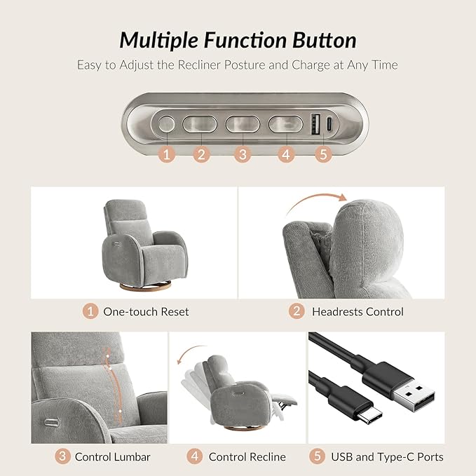 HULALA HOME Glider Recliner Nursery Chair with Adjustable Headrest and Lumbar Support, Modern Power Recliner with USB Port and Nightlight, Swivel Rocker Glider for Nursing Room Bedroom, Grey