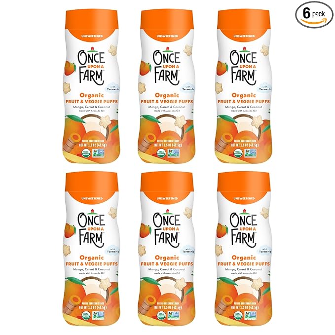 Once Upon A Farm Mango, Coconut & Carrot Puffed Sorghum Snack, Fruit & Veggie Puffs, Non GMO, 1.5 Ounces (Pack Of 6)