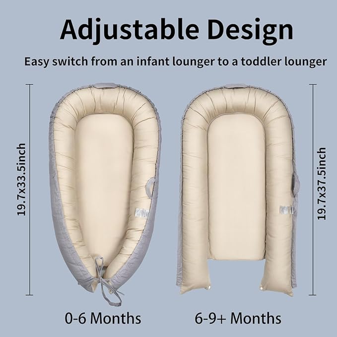 Baby Lounger, Baby Nest Cover for Baby, Reversible & Breathable Cotton, Adjustable Baby Floor Seat for Tummy Time, Portable Infant Lounger, Essentials for Newborns (Gray)