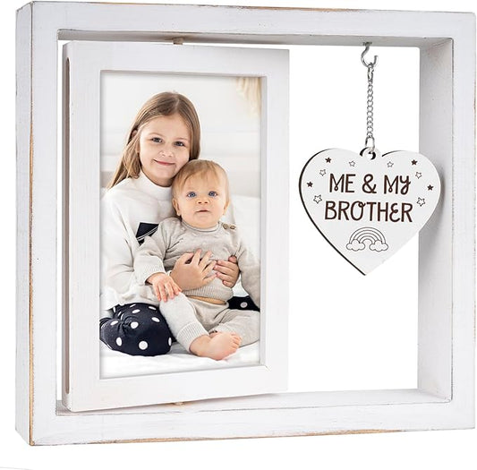 Me and My Brother Picture Frame,Baby Gifts for Boys,Heartfelt Big Brother Sister & Little Brother Keepsake Gift,Baby Room Decor Vintage Style Rotating Photo Frame 4x6