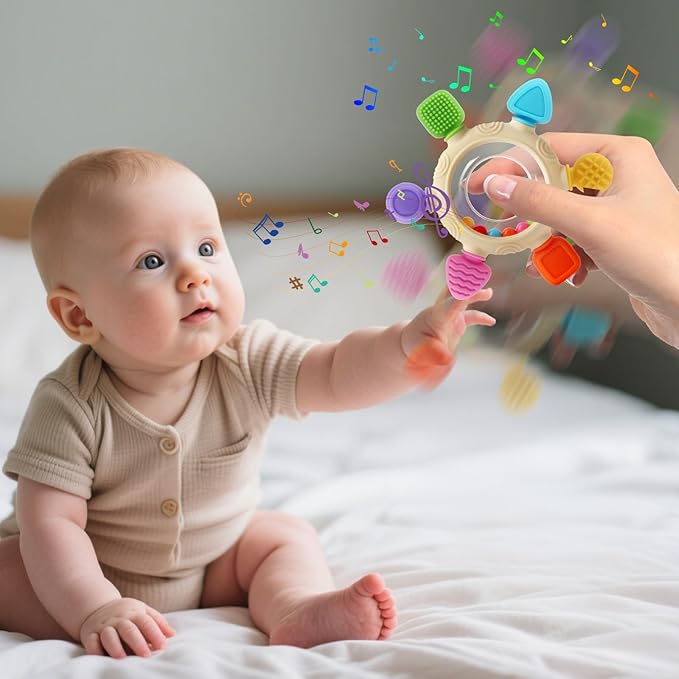 Baby Teething Rings Toys for 0-6 6-12 Months Baby Rattle Teether Sensory Toys for Babies 0-24Months Silicone Teether Relief Chew Soothing Sore Gums for Newborn Infant Essentials BPA Free