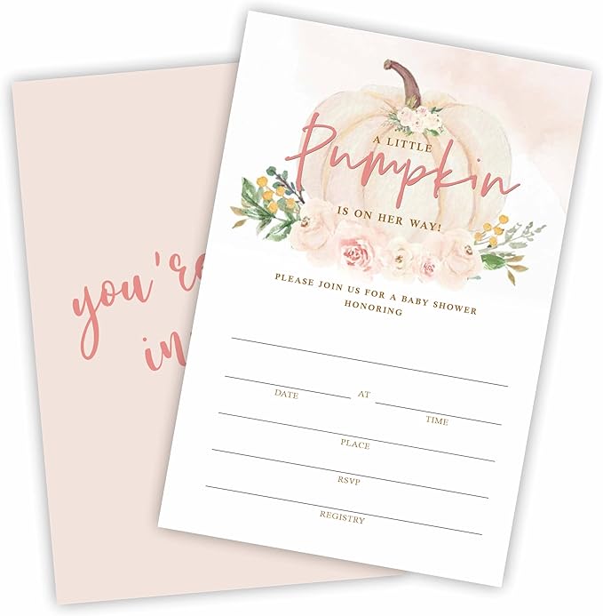 A Sweet Pumpkin Is On Her Way Baby Shower Invitation, Set Of 25 Boho Pumpkin Invites With Envelopes For Baby Girl, Gender Reveal, Baby Announcement Party, Party Favor & Supplies - C03