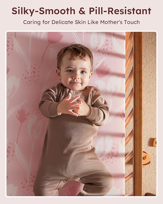 Baby Crib Sheets for Boys Girls, Fitted Crib Sheet Neutral 3 Pack for Standard Crib and Toddler Mattress, Breathable Soft Microfiber Baby Sheet 28x52x8in Pink Flowers & Leaf