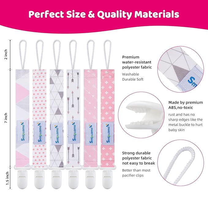 Smlpuame Pacifier Clip Girl,6 Pack Stylish Binky Clips Strap for Baby Girls,Paci Holder with Clip Lightweight Universal Fits Most Pacifiers Teether Toy Teething Ring Soothie,Baby Gifts(Pink & Grey)