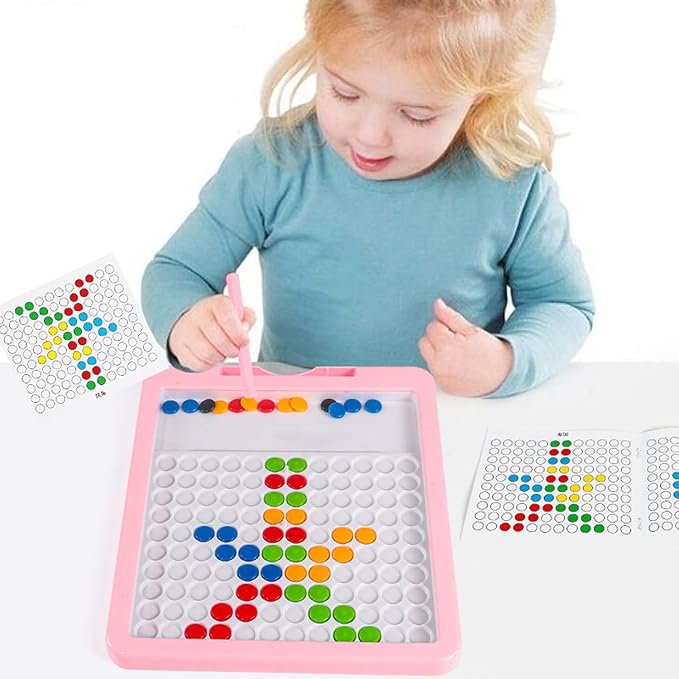 Magnetic Drawing Tablet, Magnetic Doodle Board for Kids with Dot Beads and Pattern Book, Montessori Educational Travel Toy for Boys and Girls 3 4 5 6 Years Old (Pink)