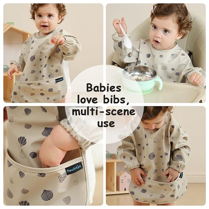 Baby Bib with Long Sleeves Bib & BLW, Machine Washable & Soft and Skin-Friendly Material, Coverall Bibs for Baby Feeding, Waterproof and Easy to Clean, for Baby Infant Toddlers (Beige)