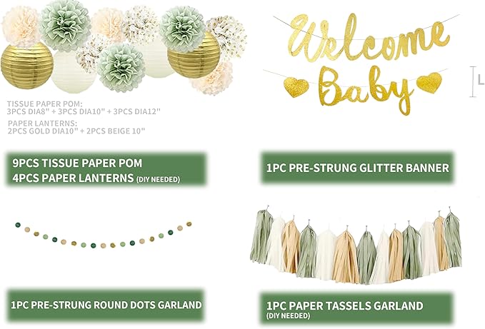 Baby Shower Decorations Sage Green&Gold for Boy or Girl- Welcome Baby Banner,PomPoms,Lanterns,Circle Dot& Tassels Hanging Garland Party Supplies-Safari Woodland Jungle Forest Boho Theme Neutral Gender
