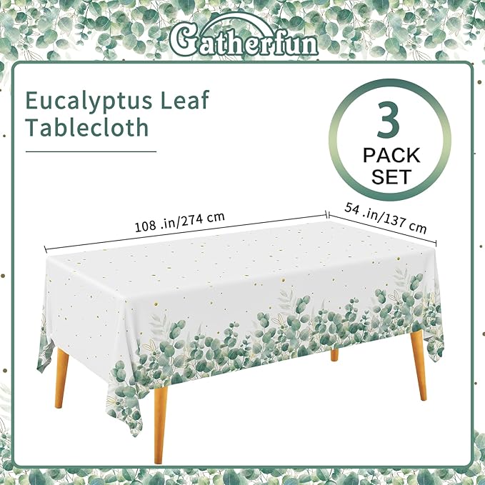 Sage Greenery Baby Shower Disposable Tablecloth, Plastic Table Cover for Baby Shower Party,Boho Greency 3 PCS, 54”x 108”