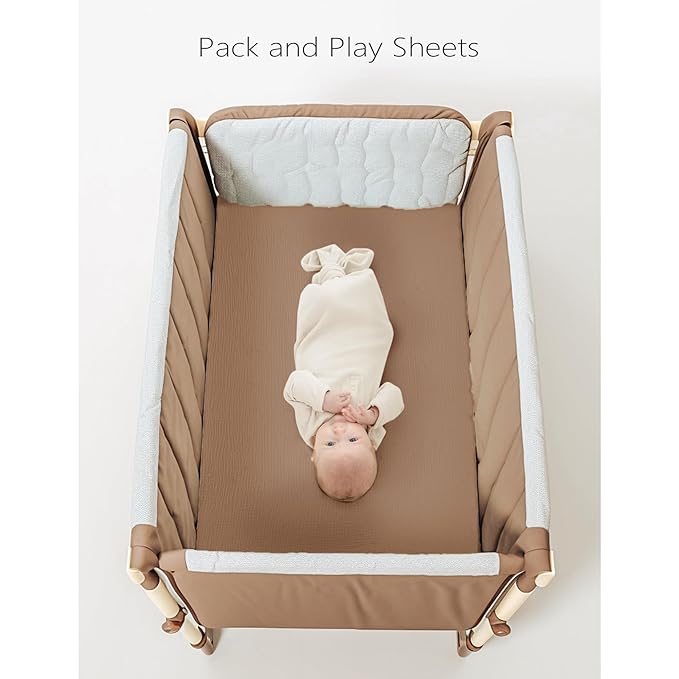 Konssy Muslin Mini Crib Sheets, 100% Soft Cotton Pack and Play Sheets for Pack N Play Mattress, Playard Baby Crib Sheets for Baby Girls(Brown, Cream)