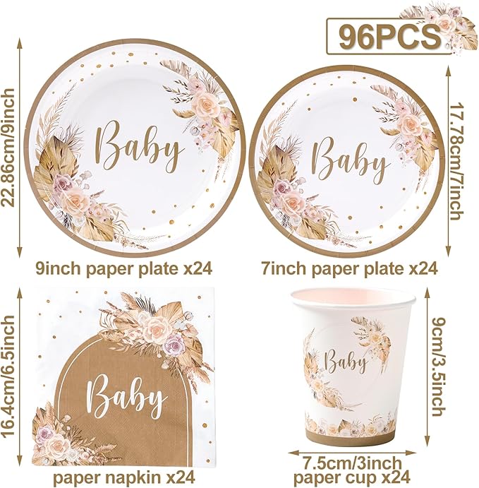 Boho Baby Shower Decorations Plates and Napkins Tableware for 24 Guests, Pampas Grass Floral Paper Plates Cups Design for Neutral Baby Shower Girl Boy Boho Party Supplies