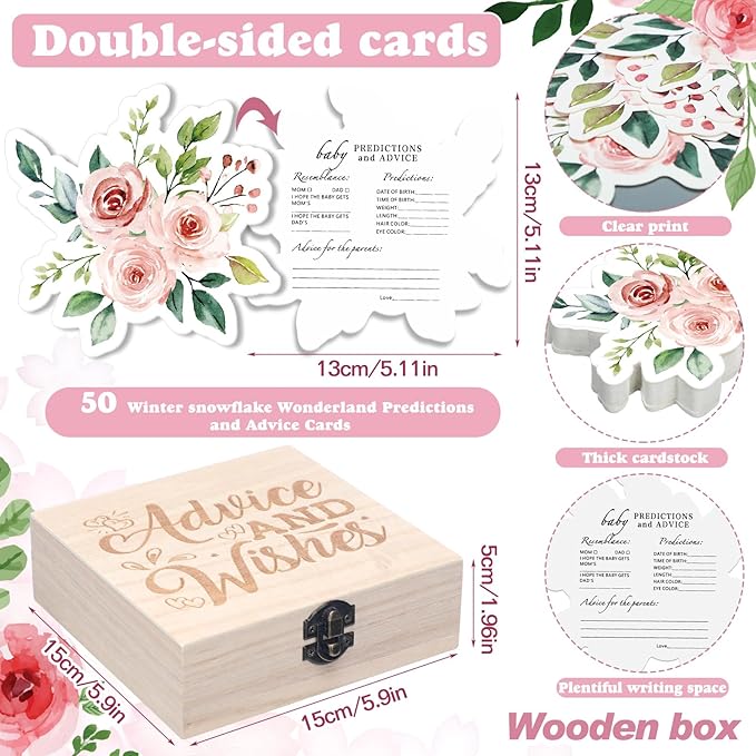 50 Pcs Double Side Baby in Bloom Predictions & Advice Cards Flower Flora Baby Shower Decoration for New Parents Shower Games with Cards Wooden Keepsake Box for Wishes