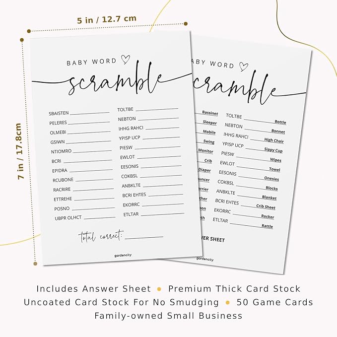 GardenCity 50 Baby Shower Word Scramble Game Cards, Fun Baby Shower Games for Boy or Girl, Gender Neutral - Minimalist
