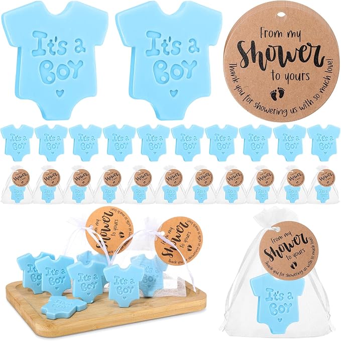 50 Sets Baby Shower Soap Favors for Guests Boy Girl Mini Handmade Scented Soaps with Thank You Tags and Organza Bags for Shower Gender Reveal Party Favors(It's A Boy,Blue Baby Shirt)
