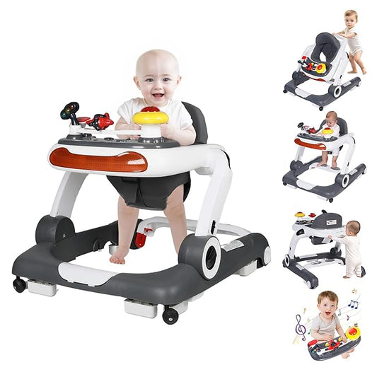 Kinder King Baby Walker with Music & Lights, 5 in 1 Baby Bouncer Activity Walker, Adjustable Height & Seat, Learning-Seated & Toddler Walk-Behind, Safety Bumper, Infant Walker Anti-Rollover, Grey